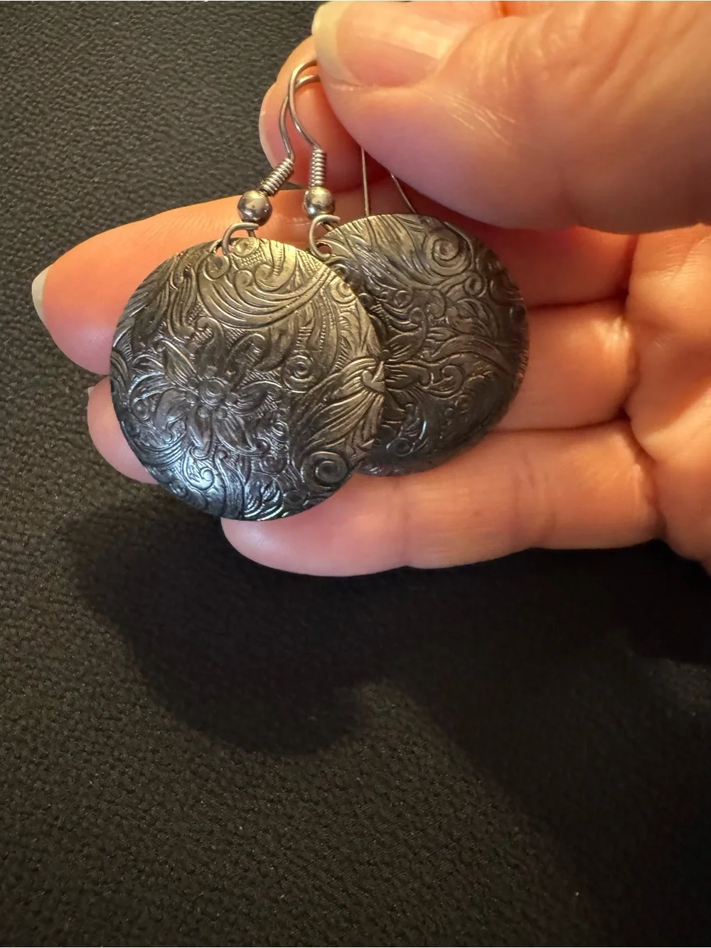 Silver Engraved Floral Disc Dangle Earrings